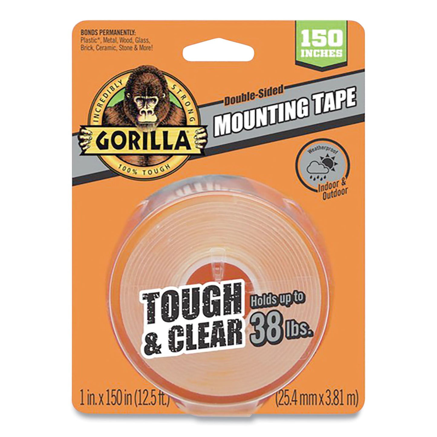 Gorilla Tough & Clear Double-Sided Mounting Tape, Permanent, Holds Up to 0.25 lb per Inch, 1" x 12.5 ft, Clear (6036002)