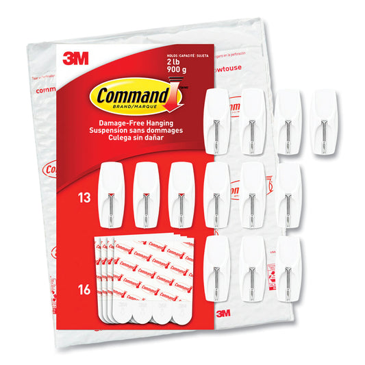 Command General Purpose Wire Hooks, Medium, Metal, White, 2 lb Capacity, 13 Hooks and 16 Strips/Pack (1706513)