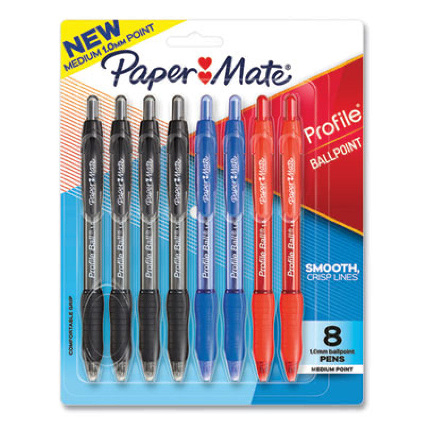 Paper Mate Profile Ballpoint Pen, Retractable, Medium 1 mm, Assorted Ink and Barrel Colors, 8/Pack (2097014)