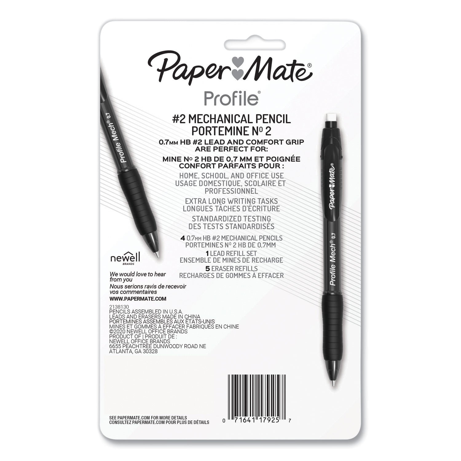 Paper Mate Profile Mechanical Pencils, 0.7 mm, HB (#2), Black Lead, Assorted Barrel Colors, 4/Pack (2105703)