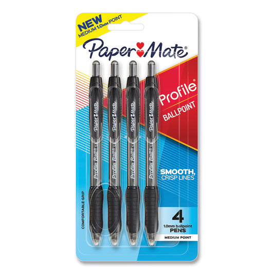 Paper Mate Profile Ballpoint Pen, Retractable, Medium 1 mm, Black Ink, Translucent Black Barrel, 4/Pack (2113558)