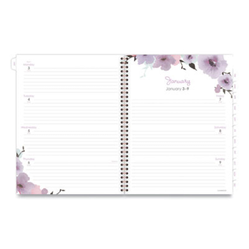 Mina Weekly/Monthly Planner, Floral Artwork, 11 x 8.5, White/Violet/Peach Cover, 12-Month (Jan to Dec): 2025