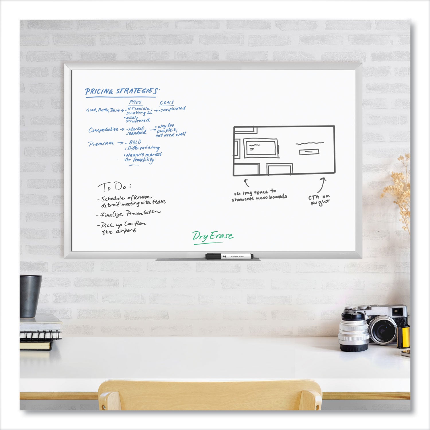 U Brands Melamine Dry Erase Board, 35 x 23, White Surface, Silver Frame (031U0001)