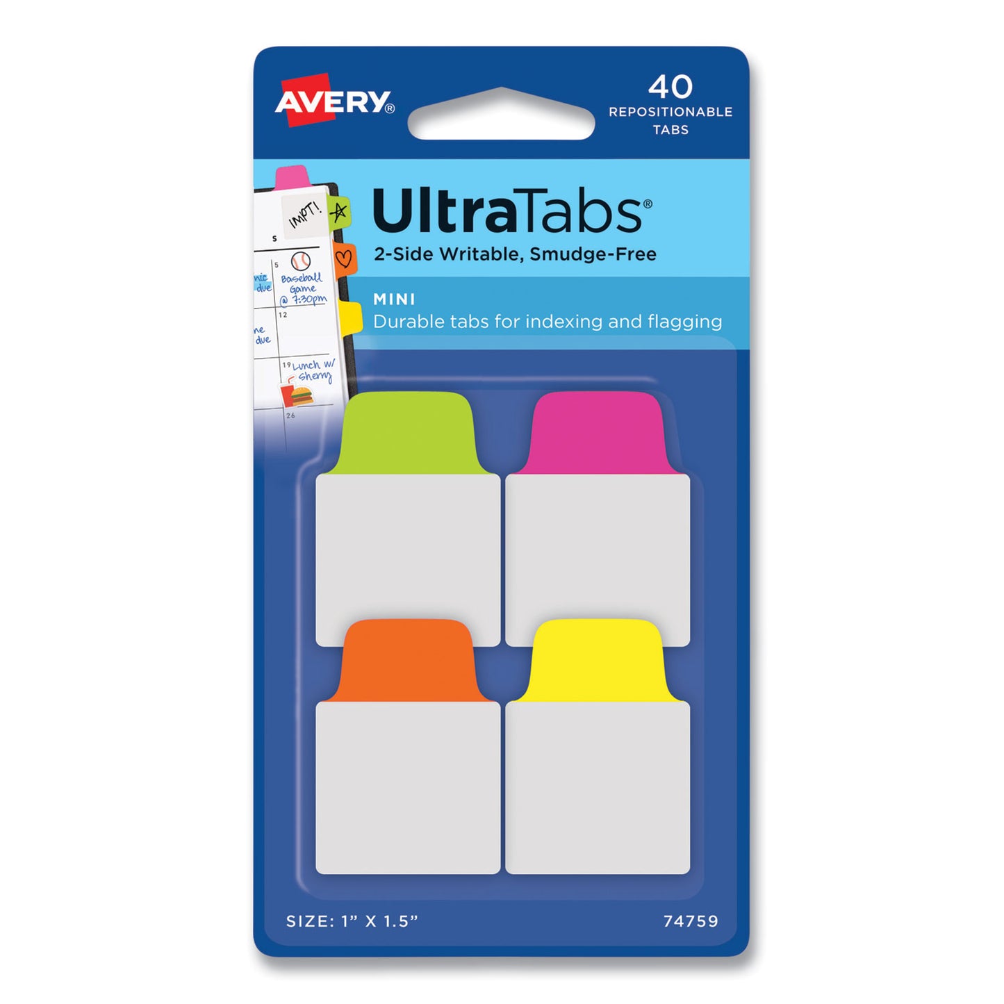 Avery Ultra Tabs Repositionable Tabs, Mini Tabs: 1" x 1.5", 1/5-Cut, Assorted Neon Colors, 40/Pack (74759)