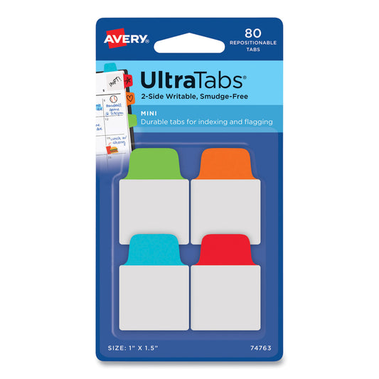 Avery Ultra Tabs Repositionable Tabs, Mini Tabs: 1" x 1.5", 1/5-Cut, Assorted Colors, 80/Pack (74763)