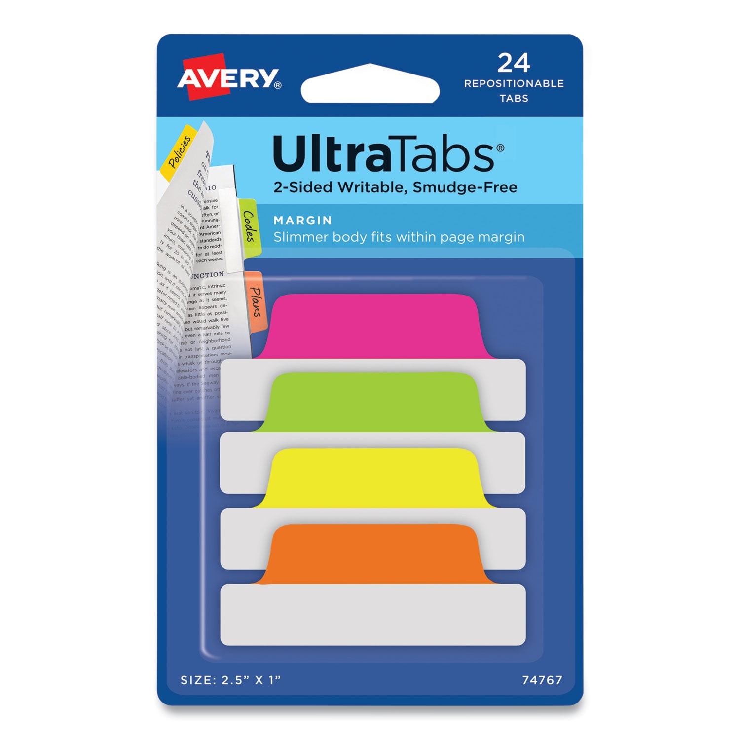 Avery Ultra Tabs Repositionable Tabs, Margin Tabs: 2.5" x 1", 1/5-Cut, Assorted Neon Colors, 24/Pack (74767)