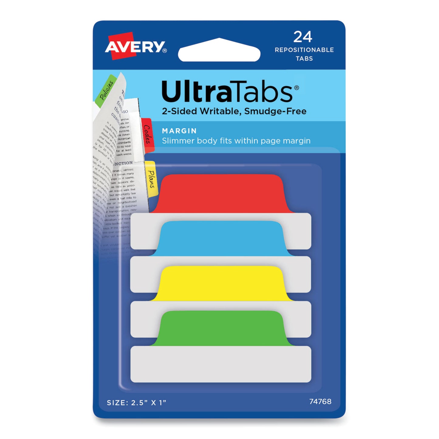 Avery Ultra Tabs Repositionable Tabs, Margin Tabs: 2.5" x 1", 1/5-Cut, Assorted Colors, 24/Pack (74768)