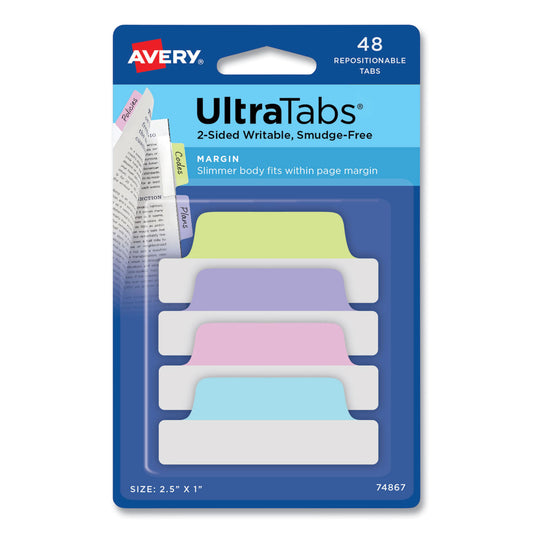 Avery Ultra Tabs Repositionable Tabs, Margin Tabs: 2.5" x 1", 1/5-Cut, Assorted Pastel Colors, 48/Pack (74867)