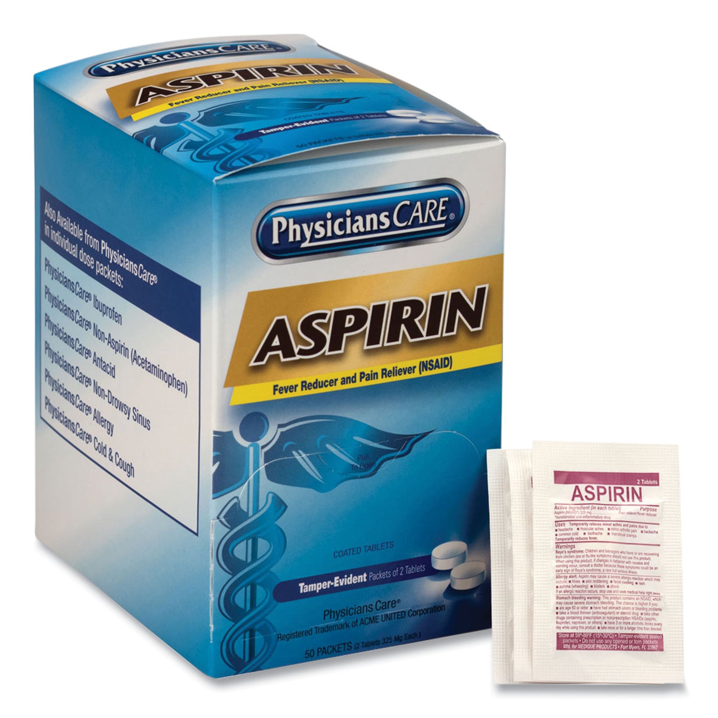 PhysiciansCare Aspirin Medication, Two-Pack, 50 Packs/Box (90014)