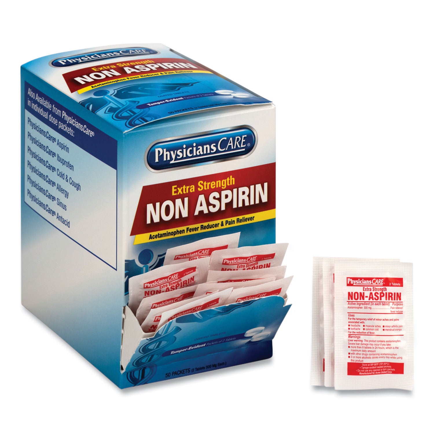 PhysiciansCare Non Aspirin Acetaminophen Medication, Two-Pack, 50 Packs/Box (90016)