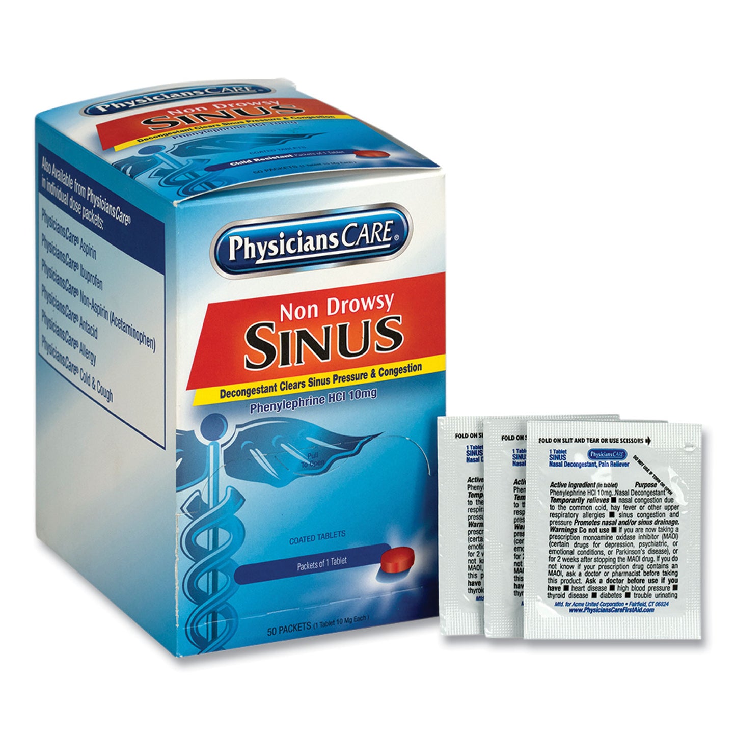 PhysiciansCare Sinus Decongestant Congestion Medication, One Tablet/Pack, 50 Packs/Box (90087)