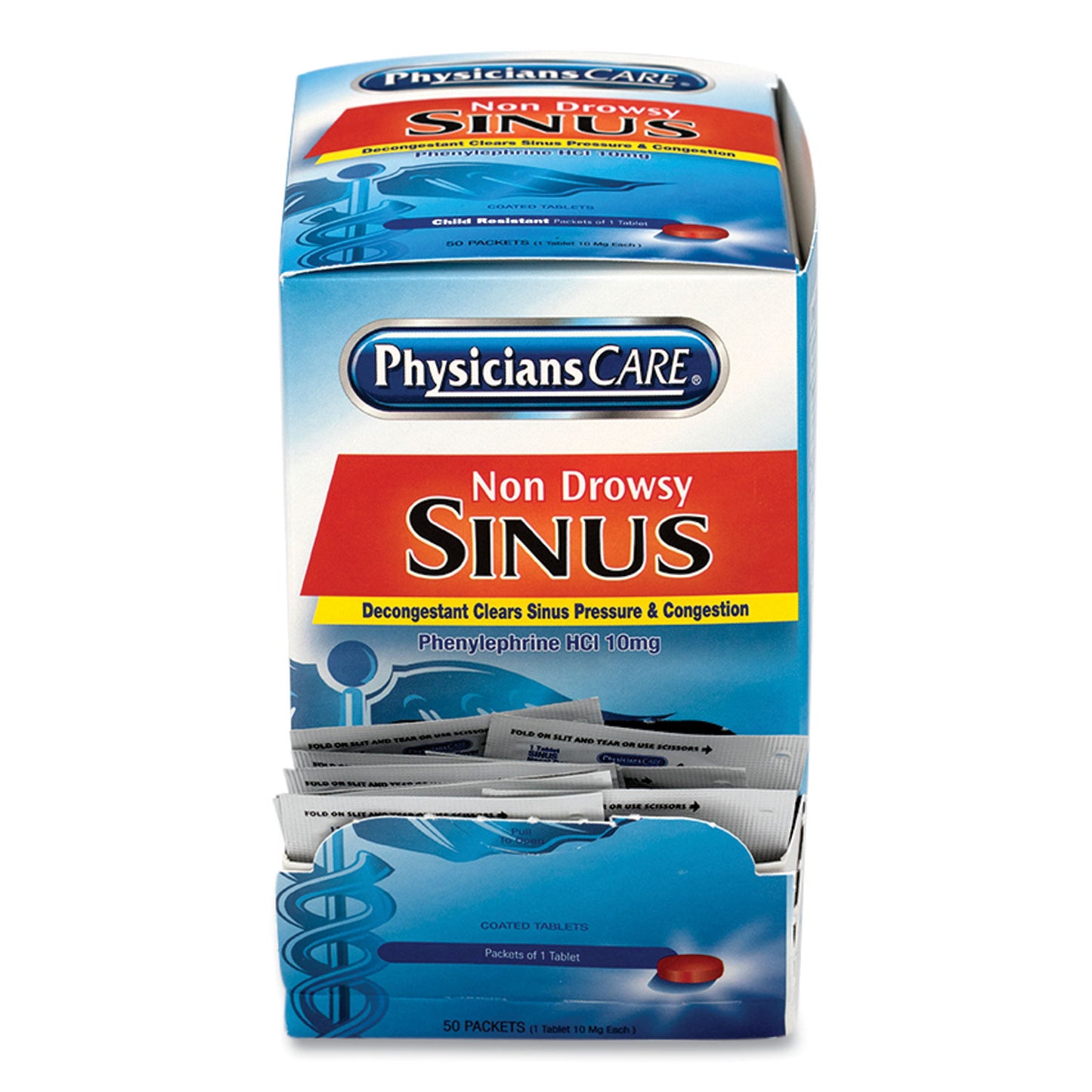 PhysiciansCare Sinus Decongestant Congestion Medication, One Tablet/Pack, 50 Packs/Box (90087)