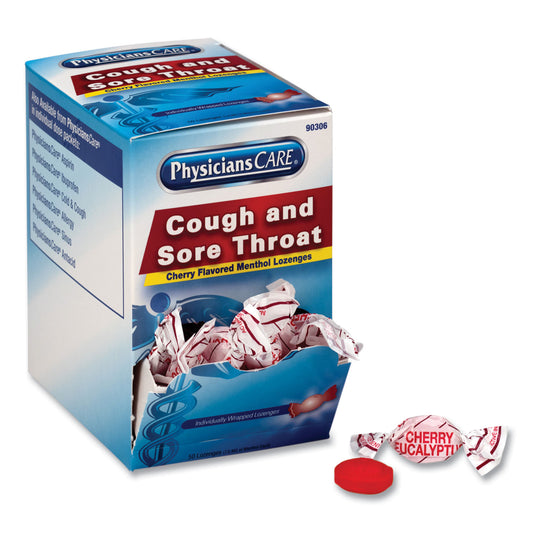 PhysiciansCare Cough and Sore Throat, Cherry Menthol Lozenges, Individually Wrapped, 50/Box (90306)