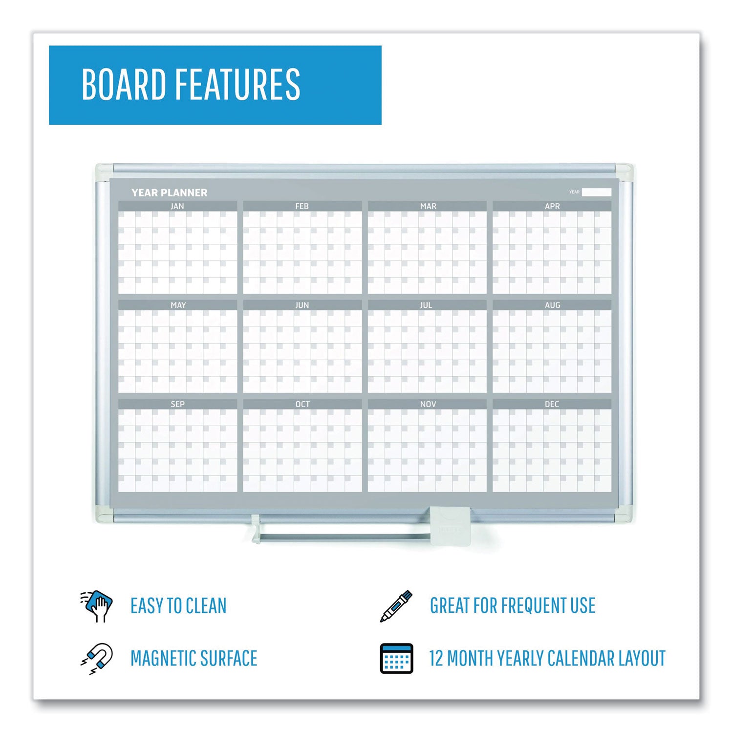 MasterVision Magnetic Dry Erase Calendar Board, 12-Month, 36 x 24, White Surface, Silver Aluminum Frame (GA03106830)