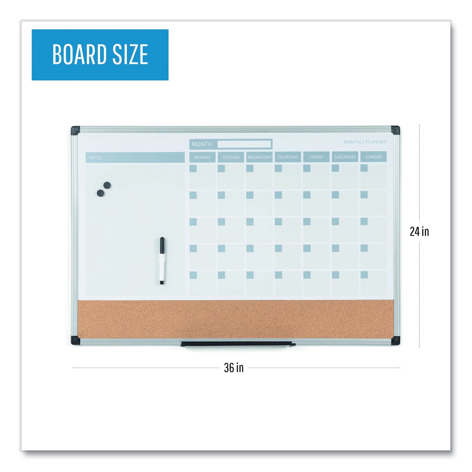 MasterVision 3-in-1 Calendar Planner, 36 x 24, White Surface, Silver Aluminum Frame (MB0707186P)