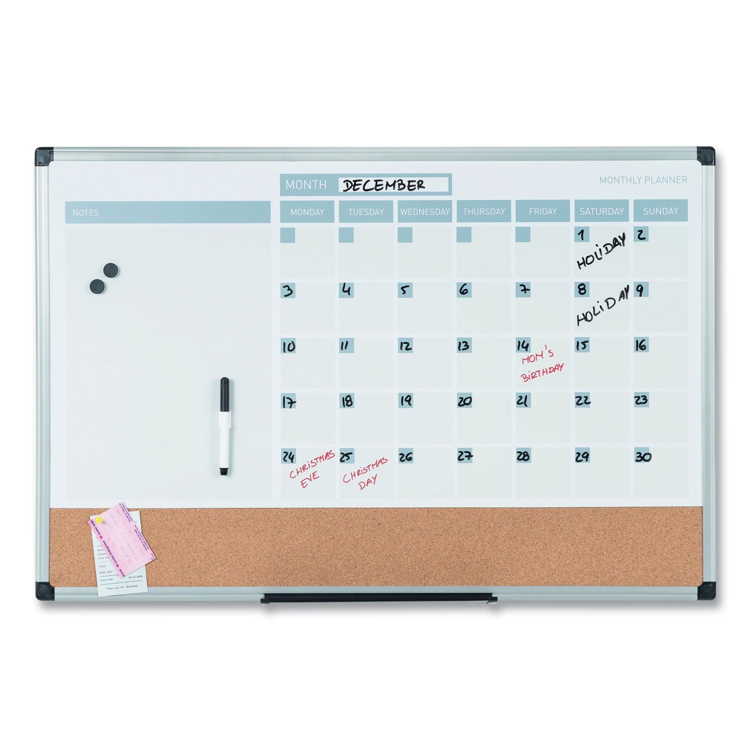 MasterVision 3-in-1 Calendar Planner, 36 x 24, White Surface, Silver Aluminum Frame (MB0707186P)