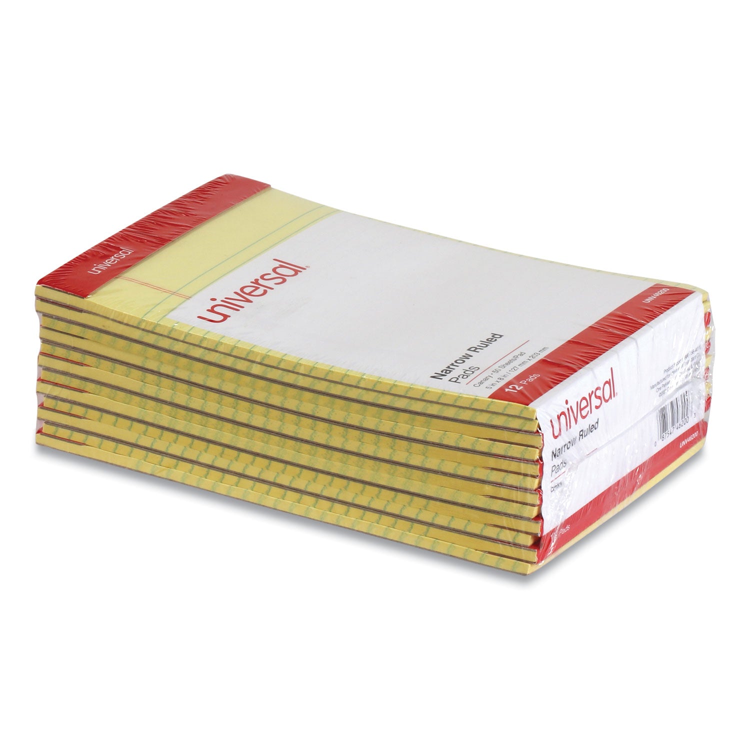 Universal Perforated Ruled Writing Pads, Narrow Rule, Red Headband, 50 Canary-Yellow 5 x 8 Sheets, Dozen (46200)