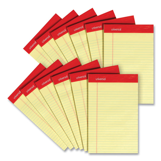 Universal Perforated Ruled Writing Pads, Narrow Rule, Red Headband, 50 Canary-Yellow 5 x 8 Sheets, Dozen (46200)