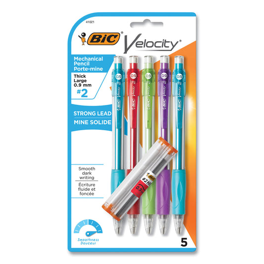 BIC Velocity Original Mechanical Pencil, 0.9 mm, HB (#2), Black Lead, Assorted Barrel Colors, 5/Pack (41021)