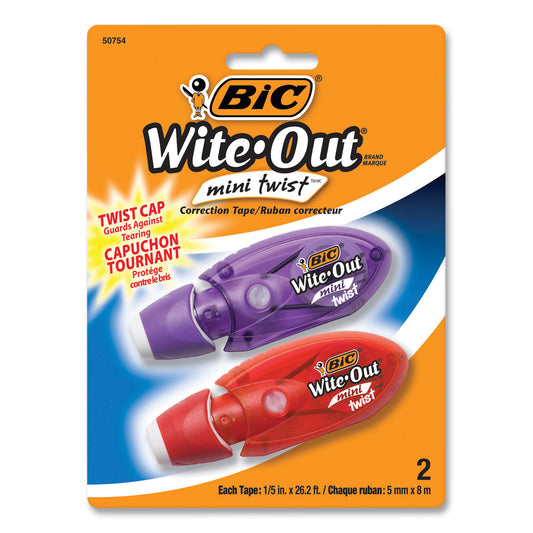 BIC Wite-Out Mini Twist Correction Tape, Non-Refillable, Blue/Fuchsia Applicators 0.2" x 314", 2/Pack (WOMTP21)