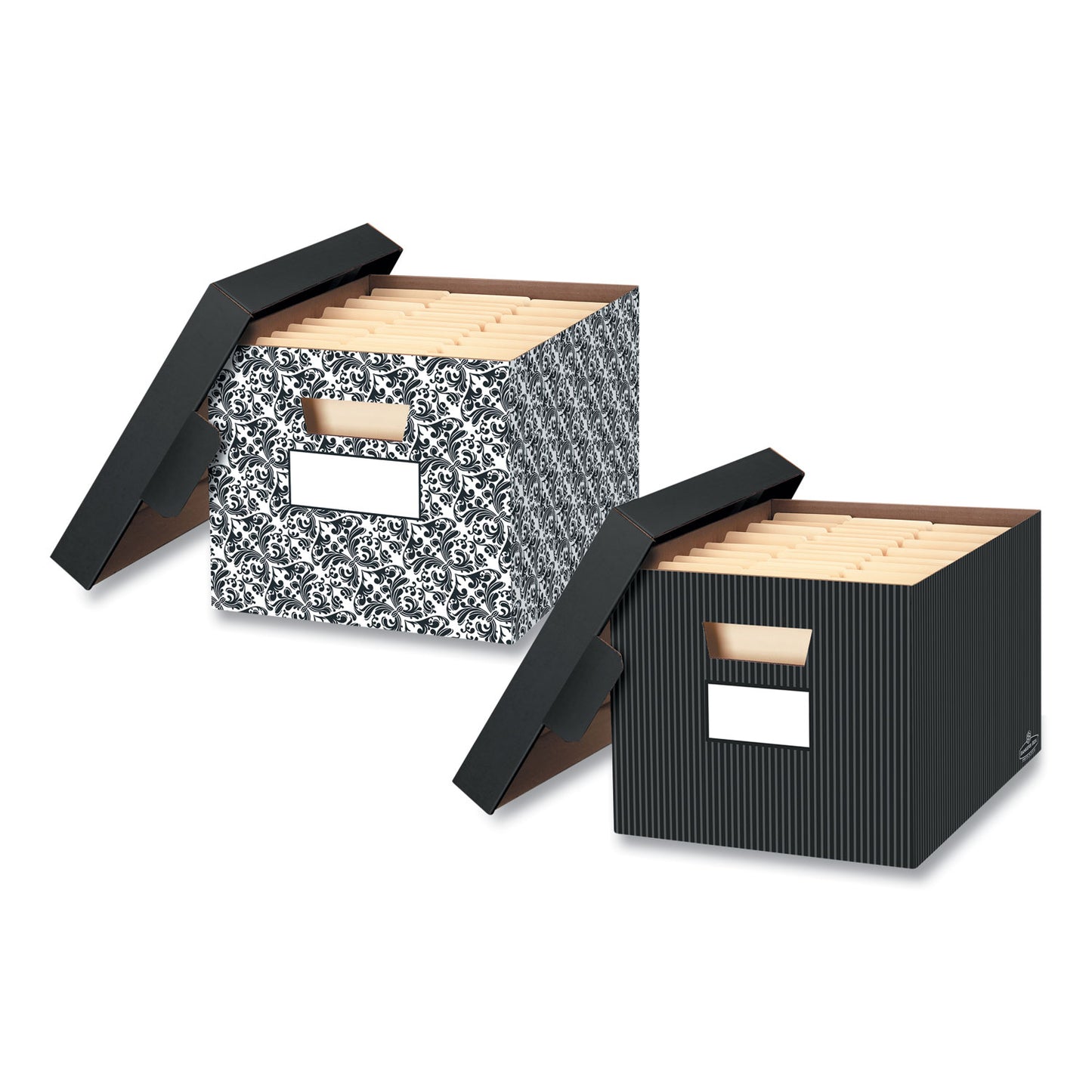 Bankers Box STOR/FILE Decorative Medium-Duty Storage Box, Letter/Legal Files, 12.5" x 16.25" x 10.25", Black/Gray Pinstripe Design, 4/CT (0029803)