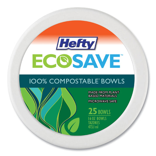 Hefty ECOSAVE Tableware, Bowl, Bagasse, 16 oz, White, 25/Pack, 12 Packs/Carton (D71625)