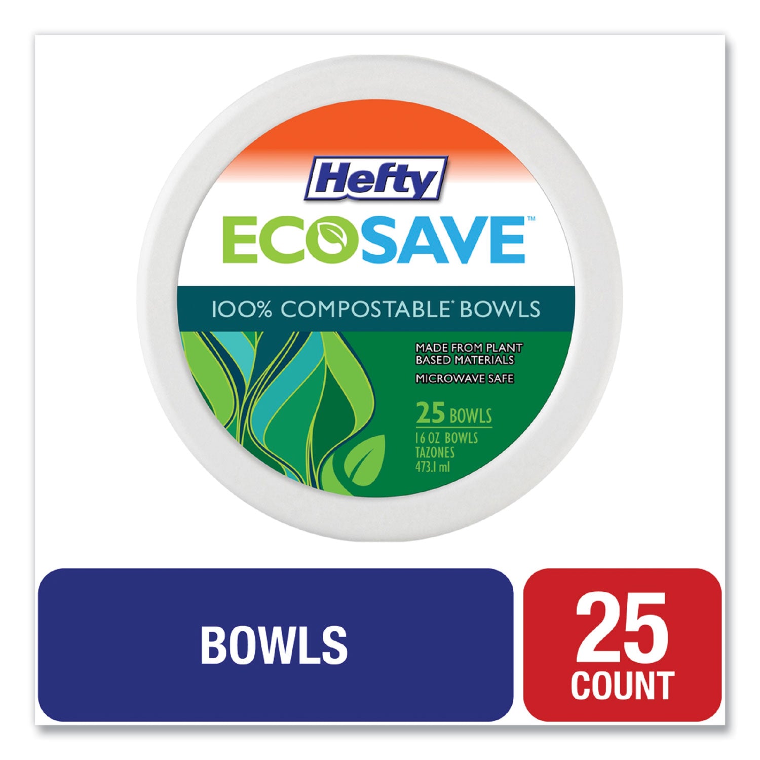 Hefty ECOSAVE Tableware, Bowl, Bagasse, 16 oz, White, 25/Pack, 12 Packs/Carton (D71625)