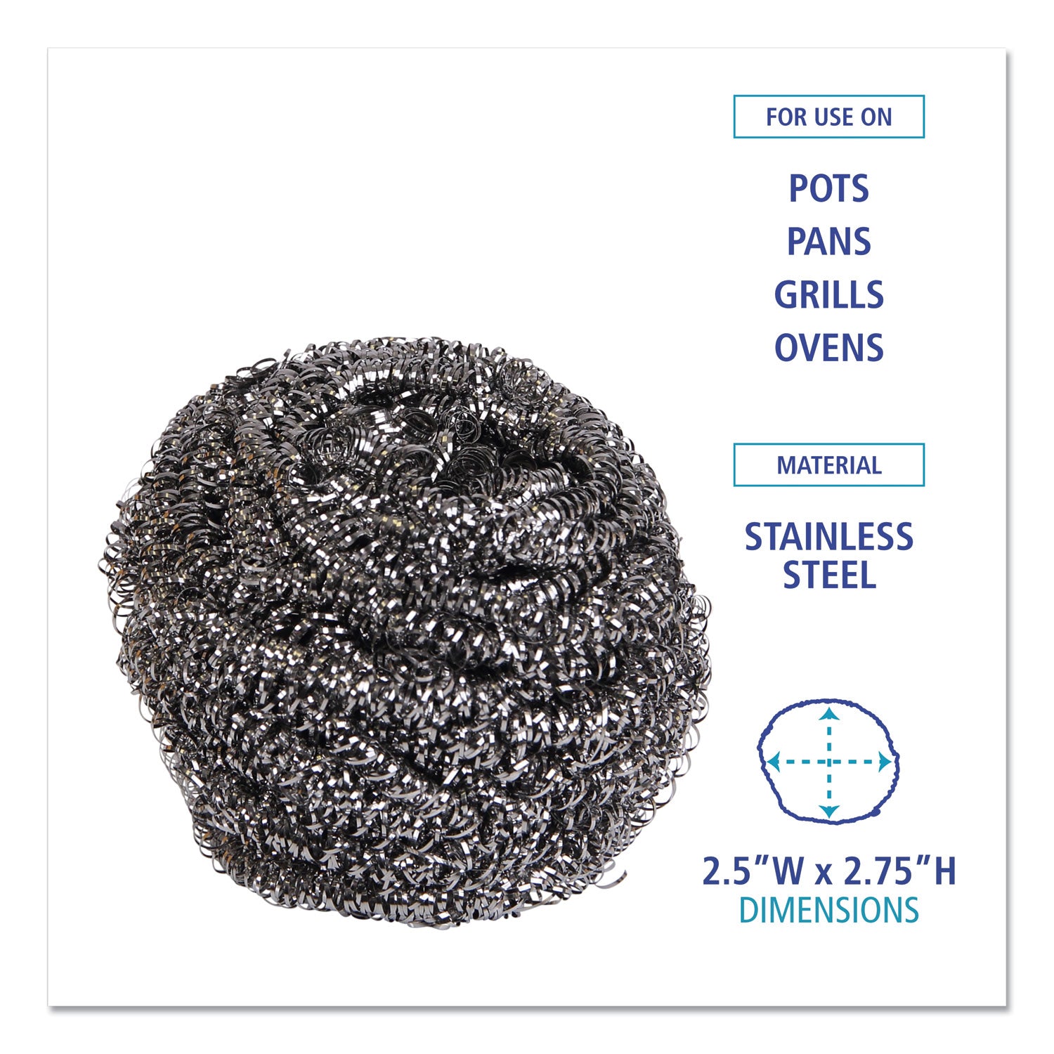 Boardwalk Stainless Steel Scrubber, Large Size, 2.5 x 2.75, Steel Gray, 12/Carton (50)