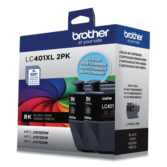 Brother LC401XL2PKS High-Yield Ink, 500 Page-Yield, Black, 2/Pack