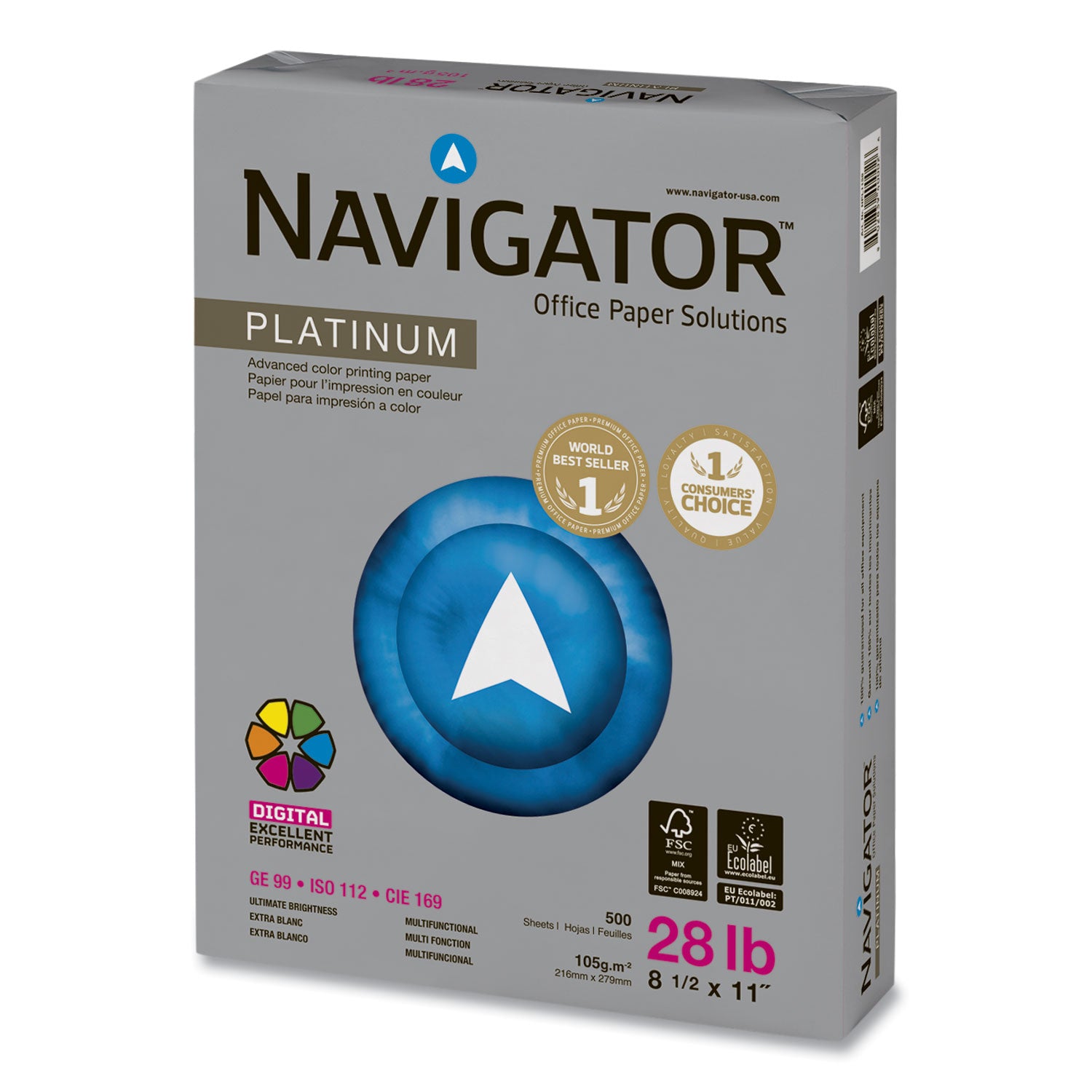 Navigator Platinum Paper, 99 Bright, 28 lb Bond Weight, 8.5 x 11, White, 500/Ream (NPL1128)