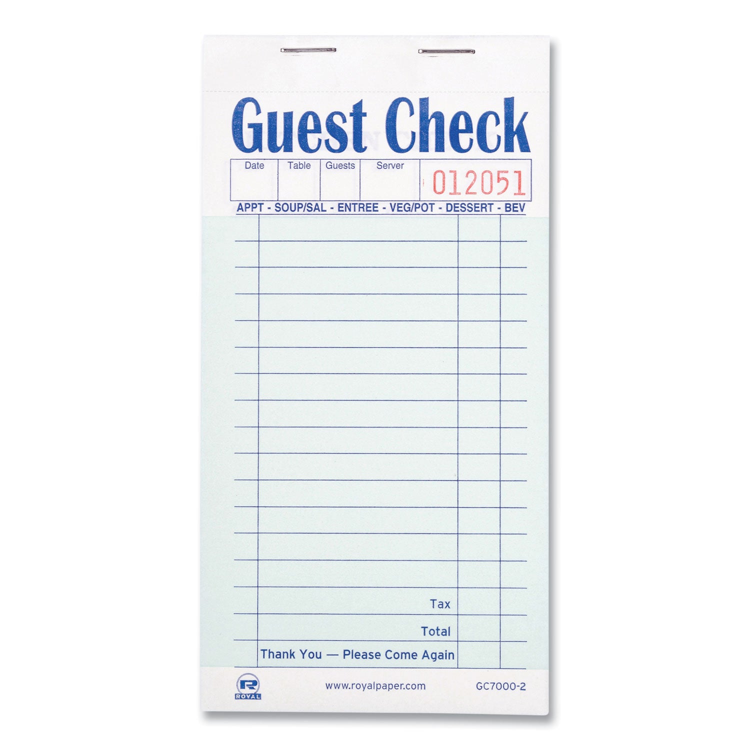 AmerCareRoyal Guest Check Pad, 17 Lines, Two-Part Carbonless, 3.6 x 6.7, 50 Forms/Pad, 50 Pads/Carton (GC70002)