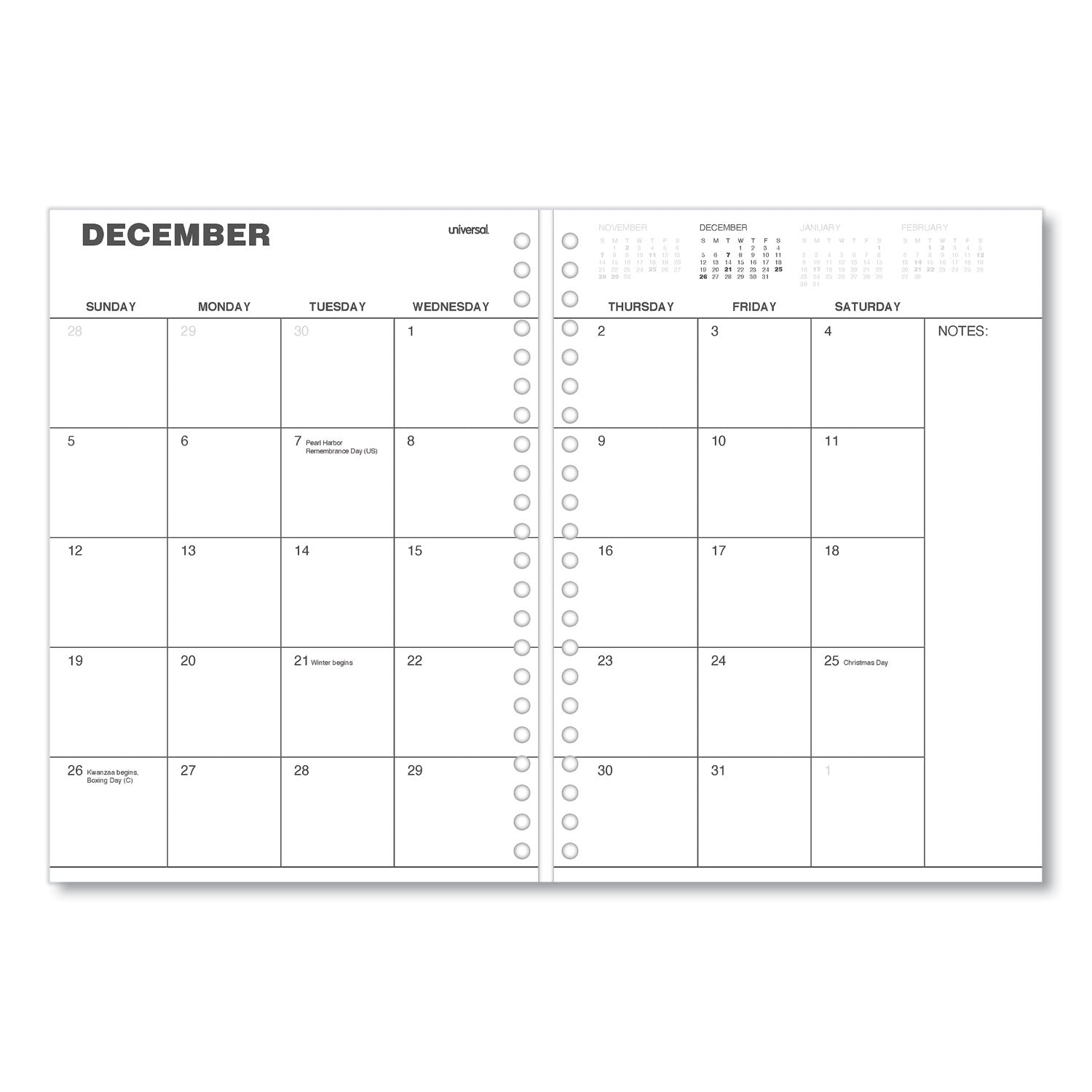 Universal Monthly Planner, 11 x 8, Black Cover, 14-Month: Dec 2024 to Jan 2026 (71001)