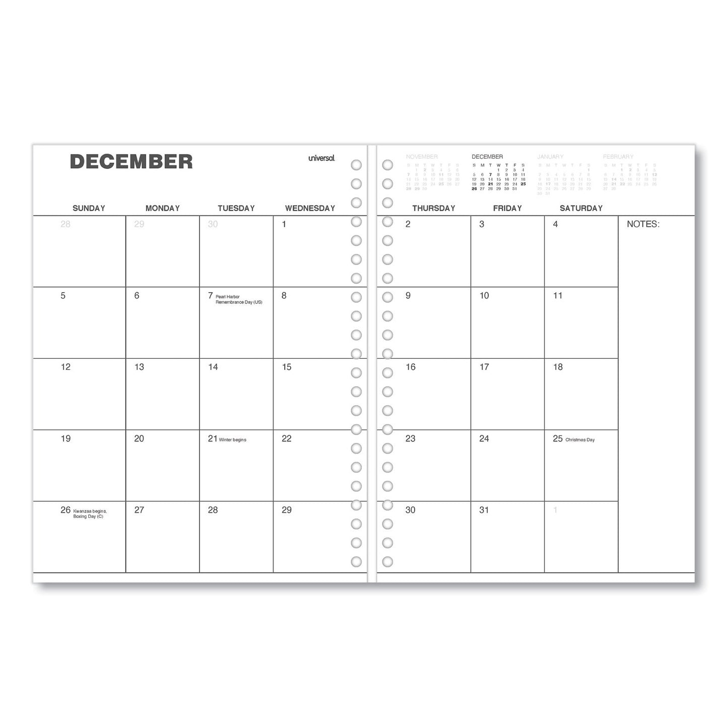 Universal Weekly Planner, 11 x 8, Black Cover, 14-Month: Dec 2024 to Jan 2026 (71000)