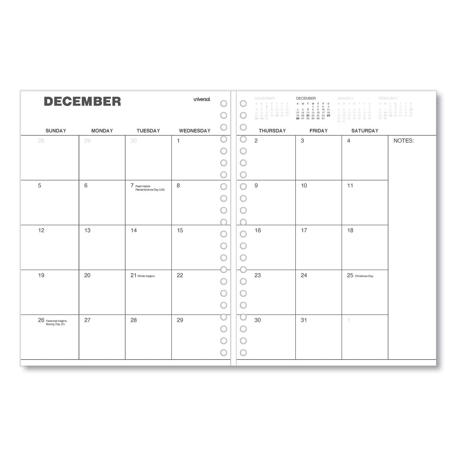 Universal Weekly Planner, 11 x 8, Black Cover, 14-Month: Dec 2024 to Jan 2026 (71000)