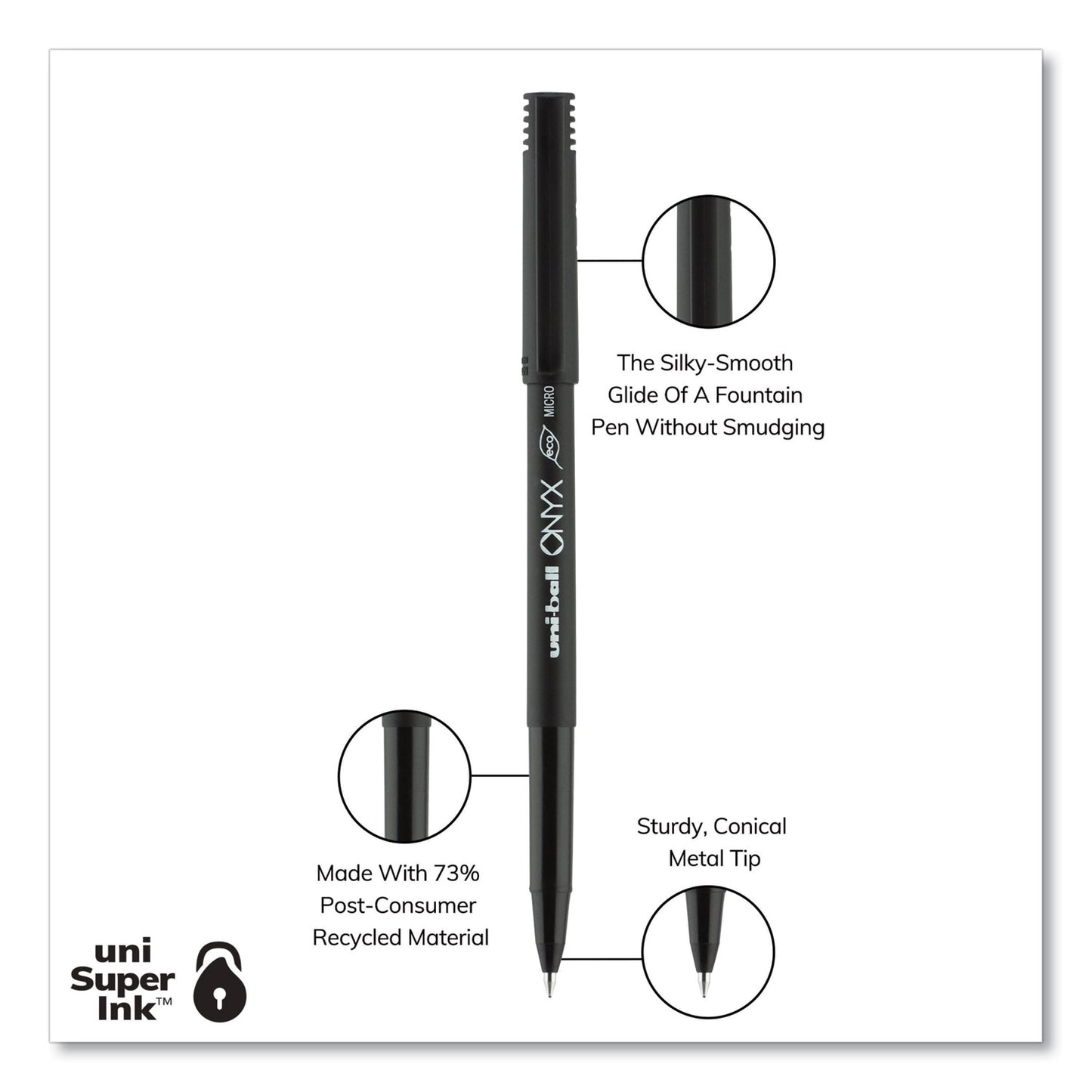 uni-ball ONYX Roller Ball Pen, Stick, Extra-Fine 0.5 mm, Black Ink, Black Barrel, Dozen (60040)