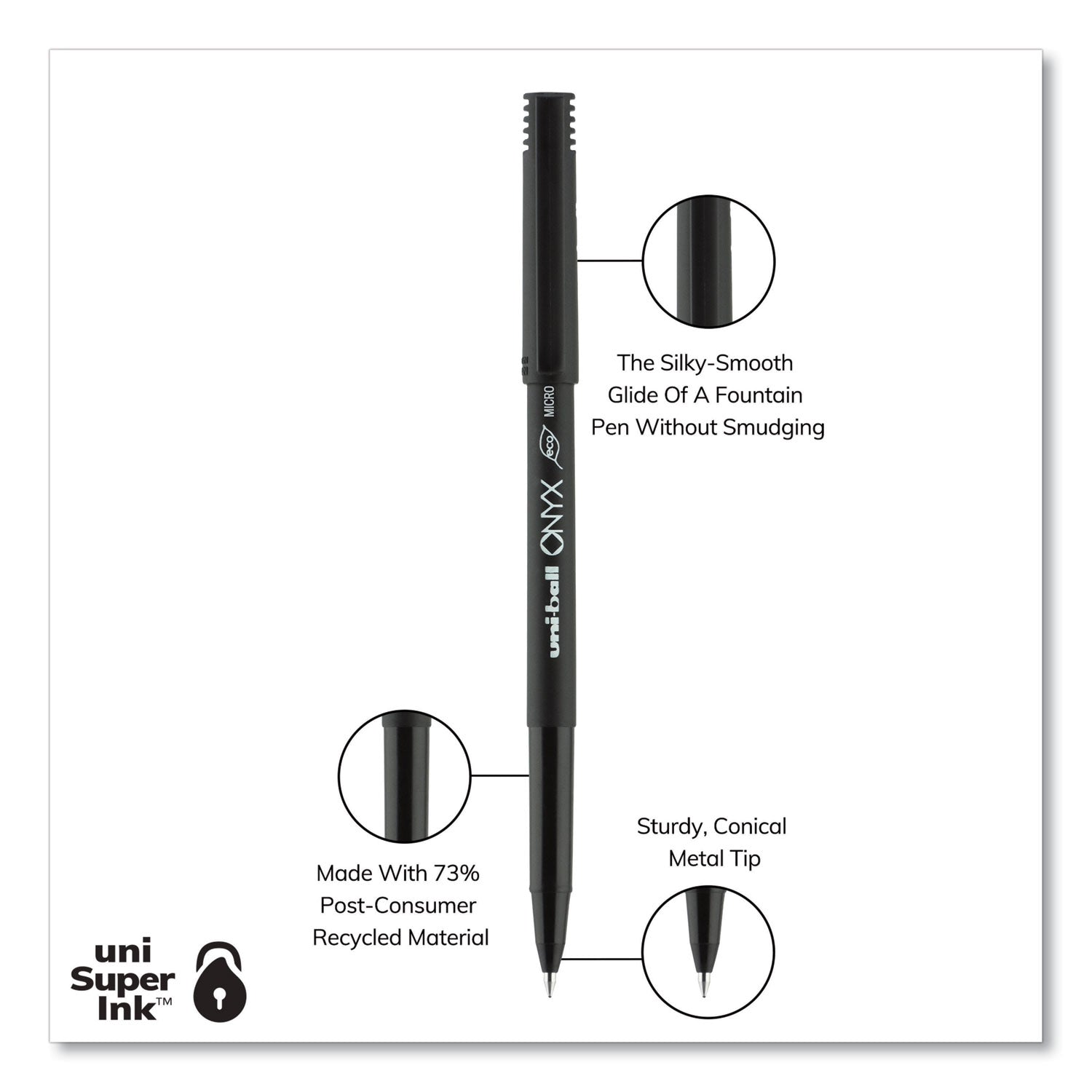 uni-ball ONYX Roller Ball Pen, Stick, Extra-Fine 0.5 mm, Black Ink, Black Barrel, Dozen (60040)