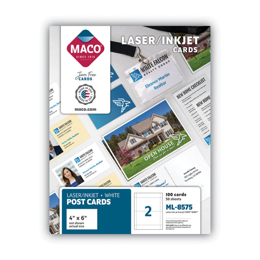 MACO Unruled Microperforated Laser/Inkjet Post Cards, 4 x 6, White, 100 Cards, 2 Cards/Sheet, 50 Sheets/Box (ML8575)