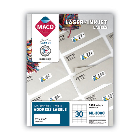 MACO White Laser/Inkjet Shipping Address Labels, Inkjet/Laser Printers, 1 x 2.63, White, 30 Labels/Sheet, 100 Sheets/Box (ML3000)