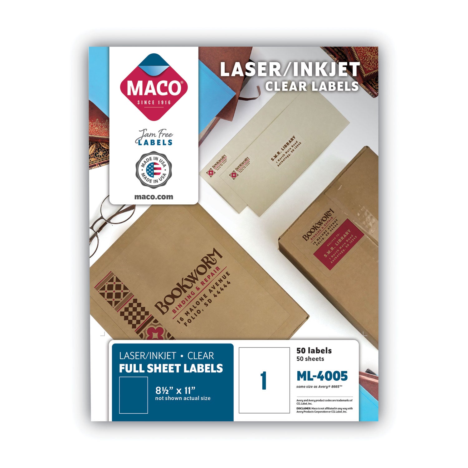 MACO Matte Clear Printable Shipping Address Labels, Inkjet/Laser Printers, 8.5 x 11, Matte Clear, 50/Box (ML4005)