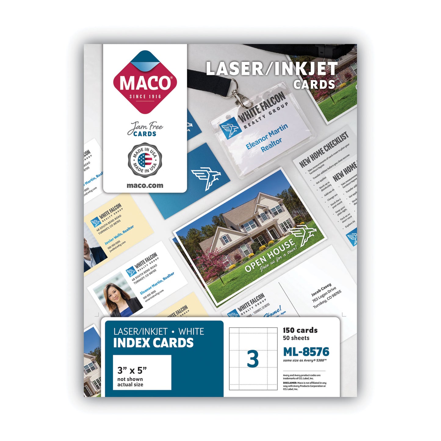 MACO Unruled Microperforated Laser/Inkjet Index Cards, 3 x 5, White, 150 Cards, 3 Cards/Sheet, 50 Sheets/Box (ML8576)