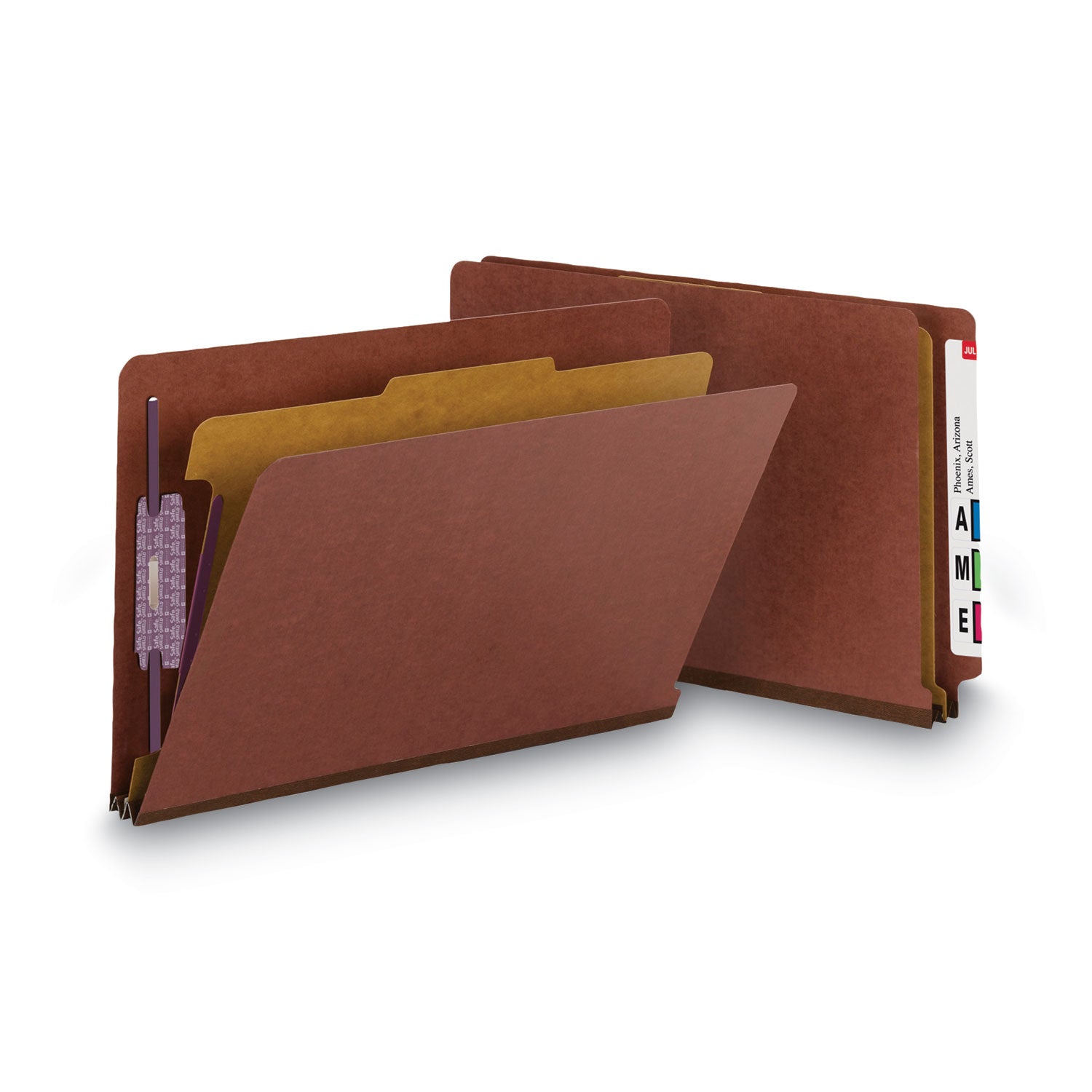 Smead End Tab Pressboard Classification Folders, Four SafeSHIELD Fasteners, 2" Expansion, 1 Divider, Legal Size, Red, 10/Box (29855)