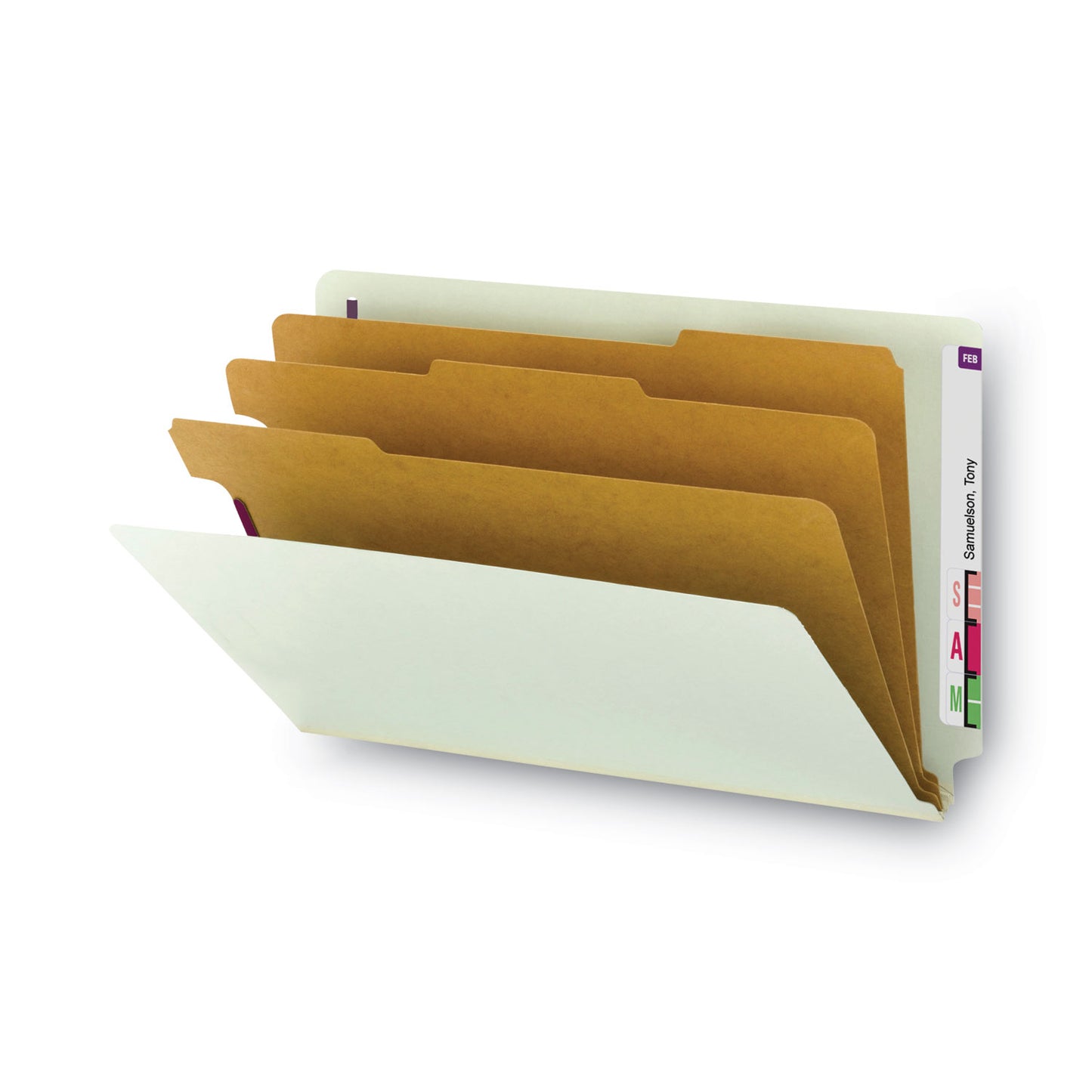 Smead End Tab Pressboard Classification Folders, Eight SafeSHIELD Fasteners, 3" Expansion, 3 Dividers, Legal Size, Gray-Green,10/BX (29820)