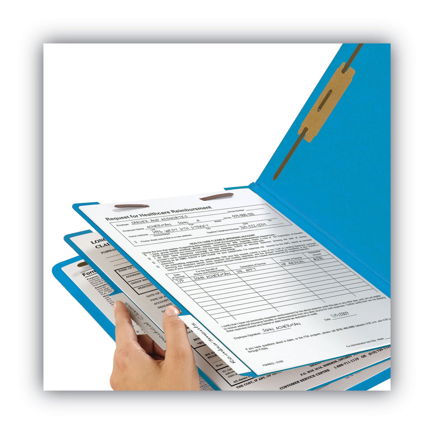 Smead Colored End Tab Classification Folders with Dividers, 2" Expansion, 2 Dividers, 6 Fasteners, Letter Size, Blue, 10/Box (26836)