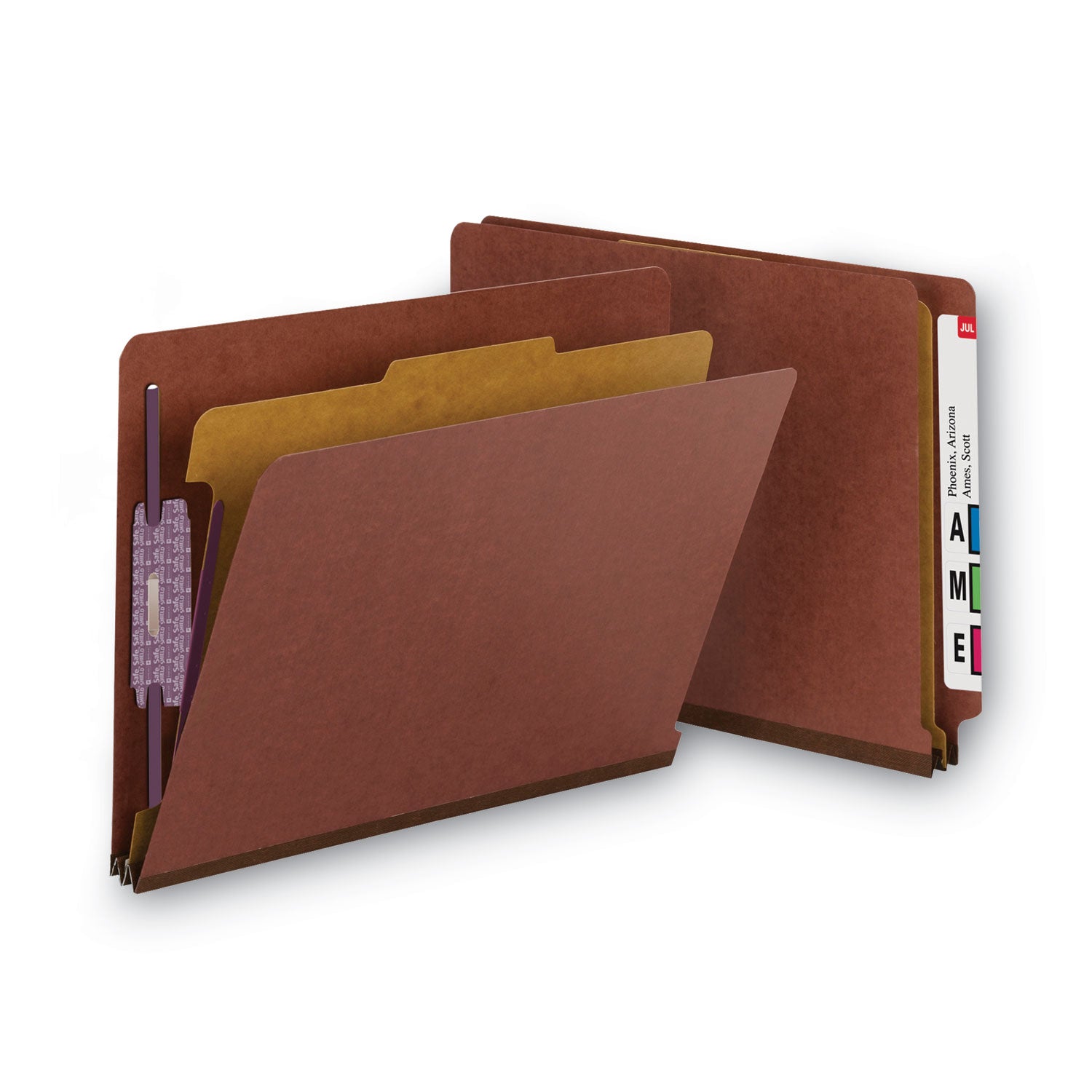 Smead End Tab Pressboard Classification Folders, Four SafeSHIELD Fasteners, 2" Expansion, 1 Divider, Letter Size, Red, 10/Box (26855)