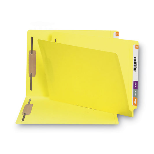 Smead Heavyweight Colored End Tab Fastener Folders, 0.75" Expansion, 2 Fasteners, Legal Size, Yellow Exterior, 50/Box (28940)