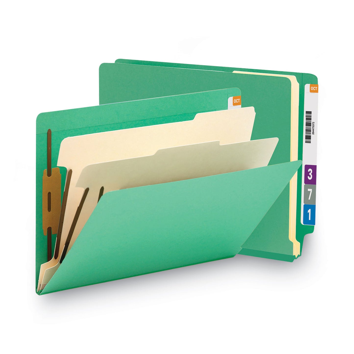 Smead Colored End Tab Classification Folders with Dividers, 2" Expansion, 2 Dividers, 6 Fasteners, Letter Size, Green, 10/Box (26837)