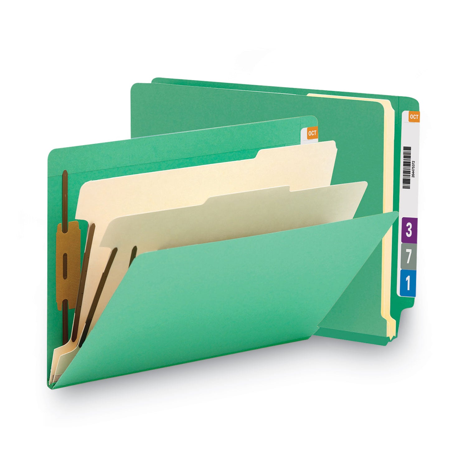 Smead Colored End Tab Classification Folders with Dividers, 2" Expansion, 2 Dividers, 6 Fasteners, Letter Size, Green, 10/Box (26837)