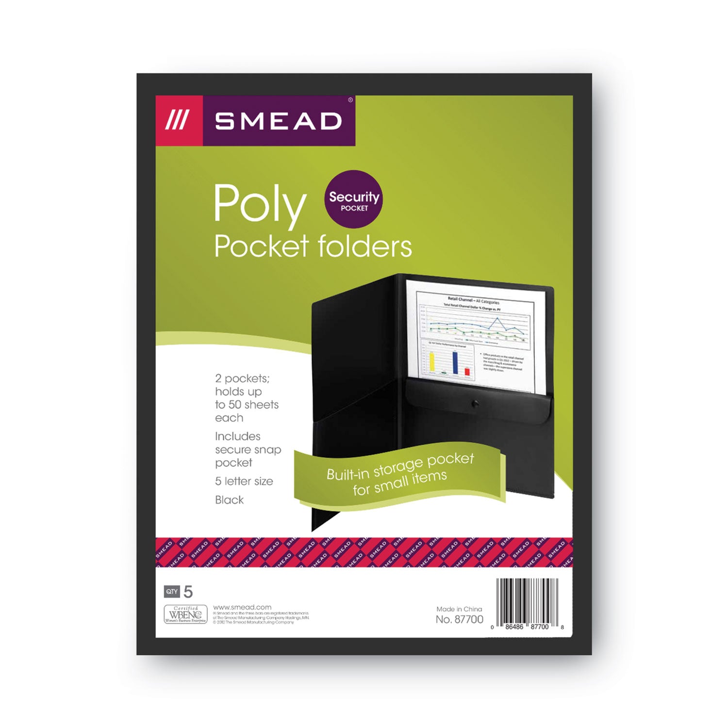 Smead Poly Two-Pocket Folder with Snap Closure Security Pocket, 100-Sheet Capacity, 11 x 8.5, Black, 5/Pack (87700)