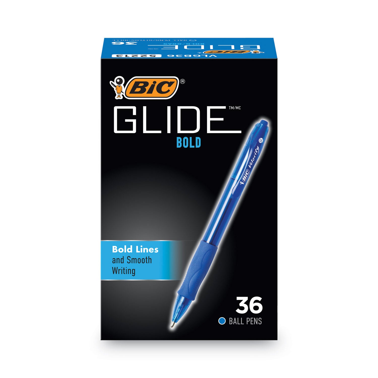 BIC GLIDE Bold Ballpoint Pen Value Pack, Retractable, Bold 1.6 mm, Blue Ink, Translucent Blue Barrel, 36/Pack (VLGB361BE)