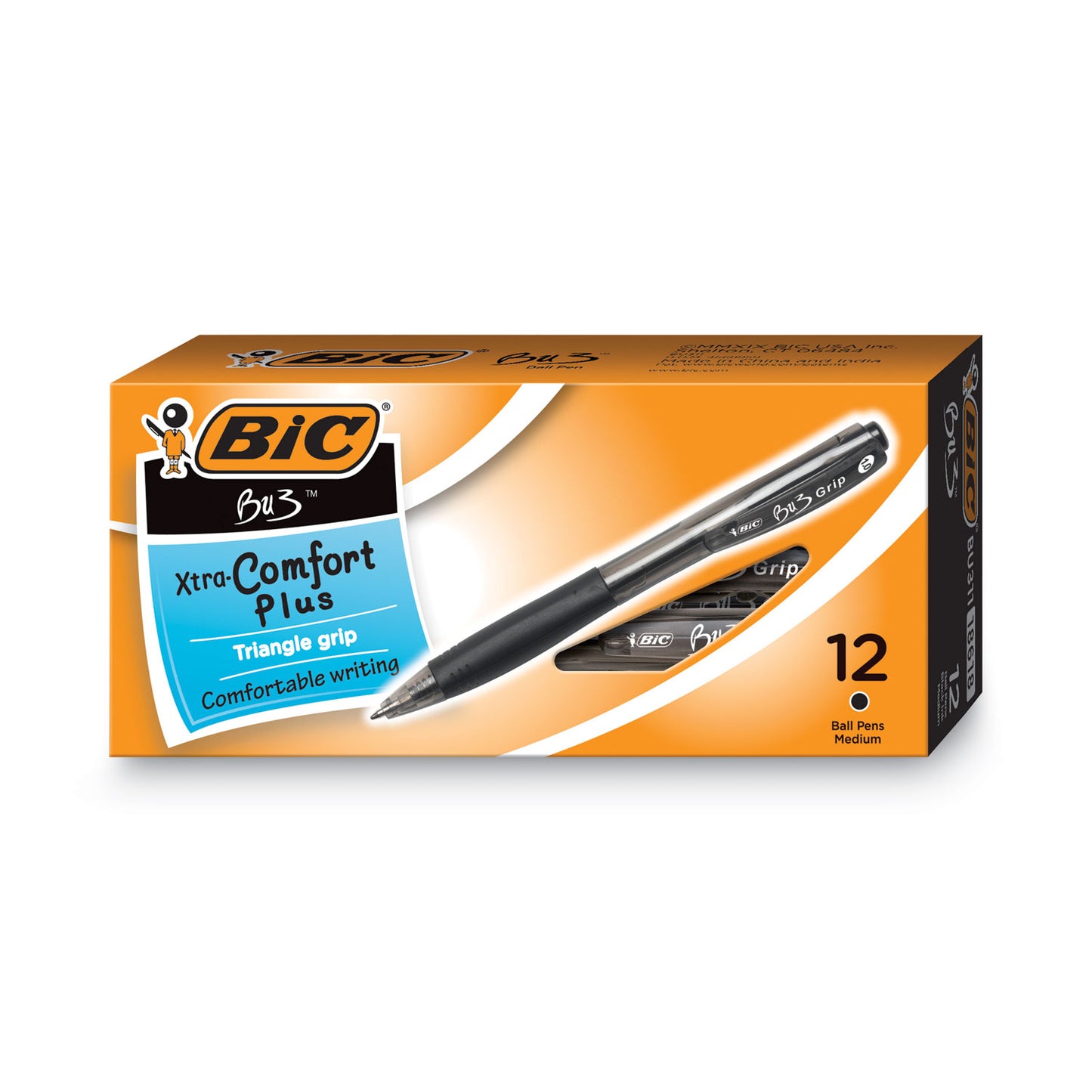 BIC BU3 Ballpoint Pen, Retractable, Bold 1 mm, Black Ink, Smoke/Black Barrel, Dozen (BU311BK)